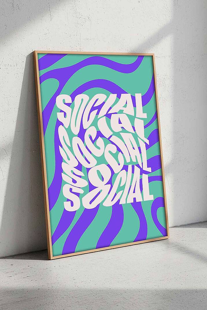 Retro Tipografi Social Yazılı Soyut Desenli Çerçeveli Tablo Genç Odası Ofis Dekoru - 5