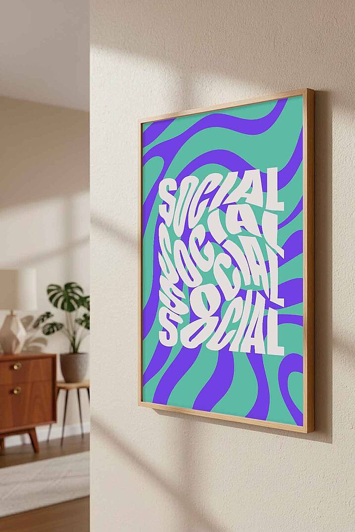 Retro Tipografi Social Yazılı Soyut Desenli Çerçeveli Tablo Genç Odası Ofis Dekoru - 6
