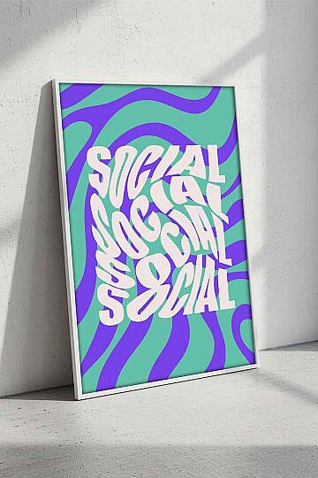 Retro Tipografi Social Yazılı Soyut Desenli Çerçeveli Tablo Genç Odası Ofis Dekoru Beyaz