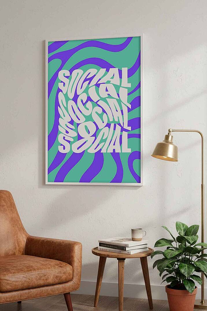 Retro Tipografi Social Yazılı Soyut Desenli Çerçeveli Tablo Genç Odası Ofis Dekoru - 9