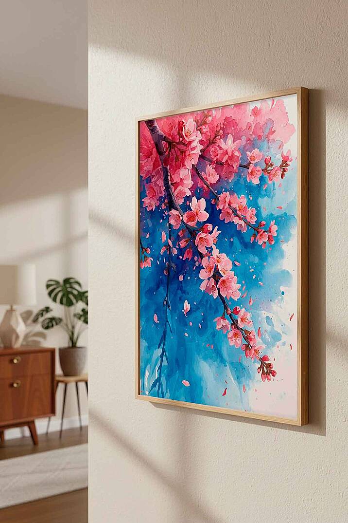 Sakura Kiraz Çiçekleri Suluboya Temalı Çerçeveli Tablo Salon Ofis Dekorasyonu - 6