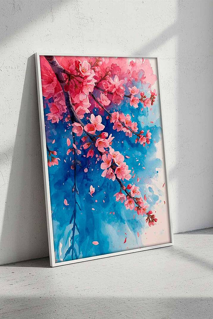 Sakura Kiraz Çiçekleri Suluboya Temalı Çerçeveli Tablo Salon Ofis Dekorasyonu - 1