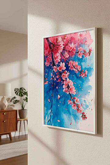 Sakura Kiraz Çiçekleri Suluboya Temalı Çerçeveli Tablo Salon Ofis Dekorasyonu - 8
