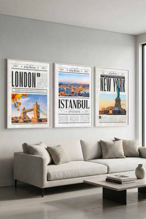Şehir Serisi London Istanbul New York 3'lü Çerçeveli Tablo Seti Modern Salon Dekorasyonu - 8