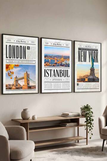 Şehir Serisi London Istanbul New York 3'lü Çerçeveli Tablo Seti Modern Salon Dekorasyonu