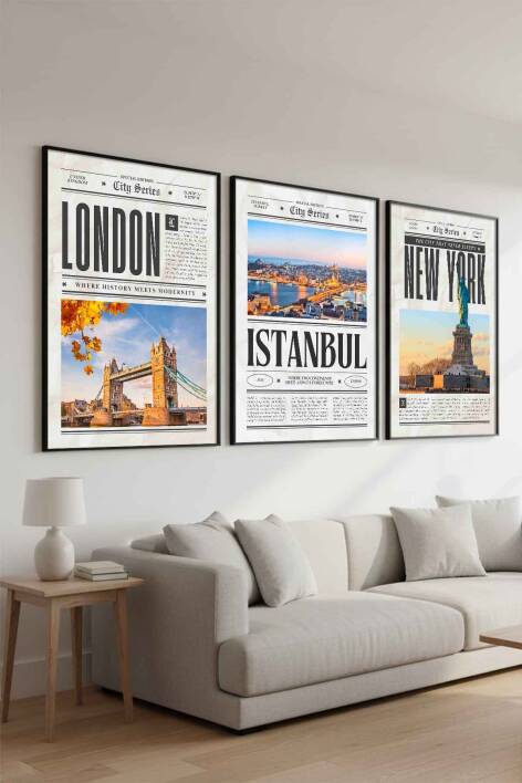 Şehir Serisi London Istanbul New York 3'lü Çerçeveli Tablo Seti Modern Salon Dekorasyonu - 2