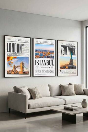 Şehir Serisi London Istanbul New York 3'lü Çerçeveli Tablo Seti Modern Salon Dekorasyonu - 3