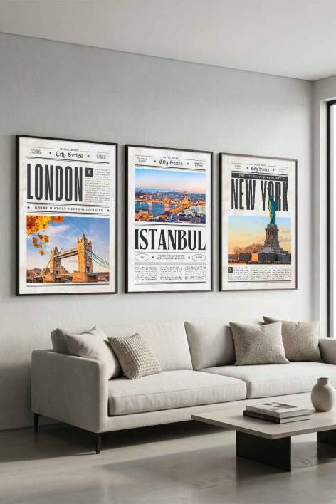 Şehir Serisi London Istanbul New York 3'lü Çerçeveli Tablo Seti Modern Salon Dekorasyonu - 3