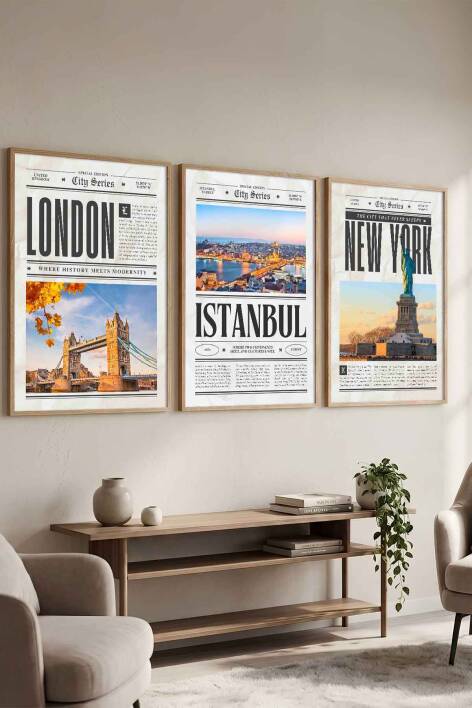 Şehir Serisi London Istanbul New York 3'lü Çerçeveli Tablo Seti Modern Salon Dekorasyonu - 4