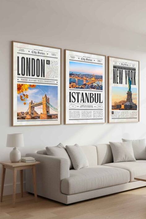 Şehir Serisi London Istanbul New York 3'lü Çerçeveli Tablo Seti Modern Salon Dekorasyonu - 5