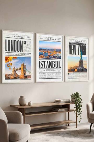 Şehir Serisi London Istanbul New York 3'lü Çerçeveli Tablo Seti Modern Salon Dekorasyonu - 7