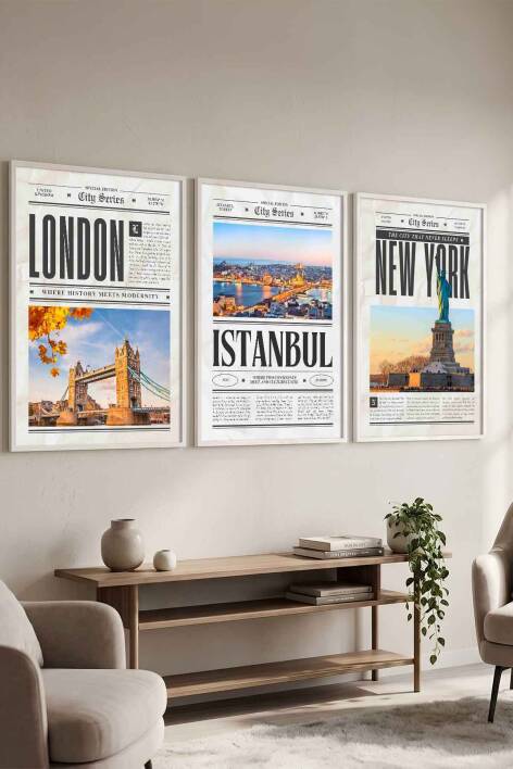 Şehir Serisi London Istanbul New York 3'lü Çerçeveli Tablo Seti Modern Salon Dekorasyonu - 7