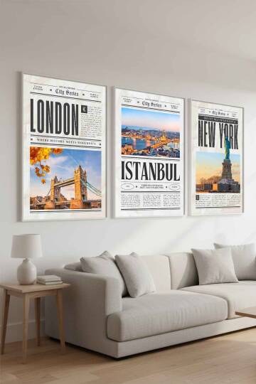 Şehir Serisi London Istanbul New York 3'lü Çerçeveli Tablo Seti Modern Salon Dekorasyonu - 9