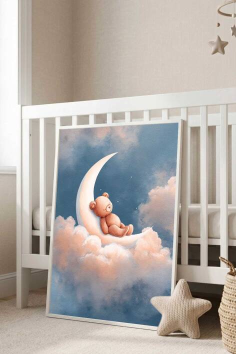Sevimli Ayıcık ve Ay Temalı Çocuk Odası Çerçeveli Tablo Bebek Odası Duvar Dekoru - 7