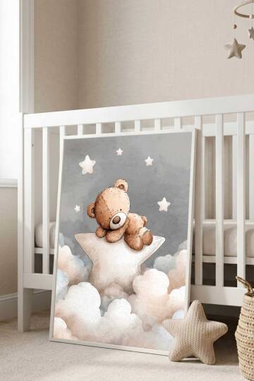 Sevimli Ayıcık Yıldız Temalı Çerçeveli Tablo Bebek ve Çocuk Odası Dekorasyonu Beyaz