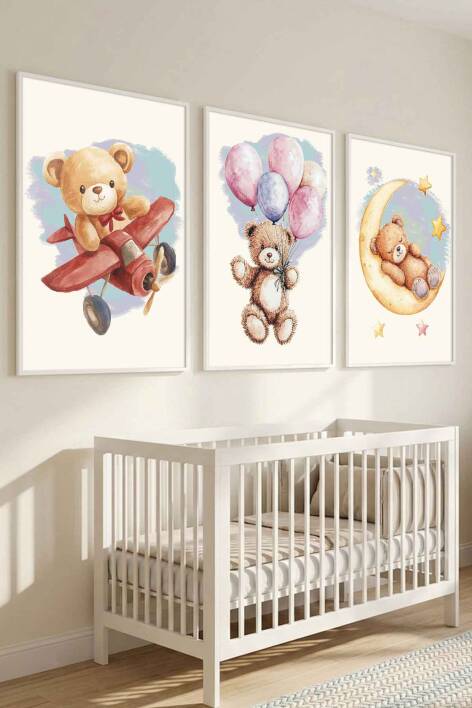 Sevimli Ayıcıklar Uyku ve Macera Temalı Bebek ve Çocuk Odası 3'lü Set Çerçeveli Tablo - 4