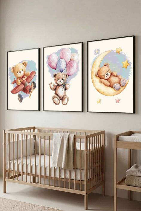 Sevimli Ayıcıklar Uyku ve Macera Temalı Bebek ve Çocuk Odası 3'lü Set Çerçeveli Tablo - 8