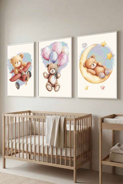 Sevimli Ayıcıklar Uyku ve Macera Temalı Bebek ve Çocuk Odası 3'lü Set Çerçeveli Tablo - 6