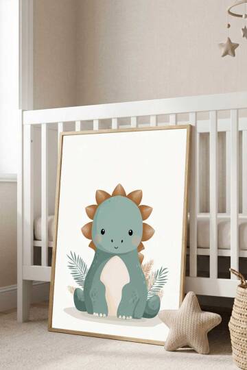 Sevimli Dinozor Çocuk Odası İllüstrasyon Çerçeveli Tablo Bebek Odası Duvar Dekoru