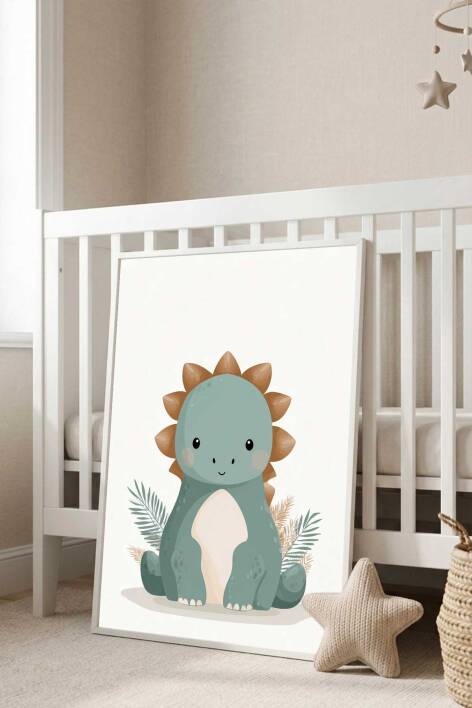 Sevimli Dinozor Çocuk Odası İllüstrasyon Çerçeveli Tablo Bebek Odası Duvar Dekoru - 7