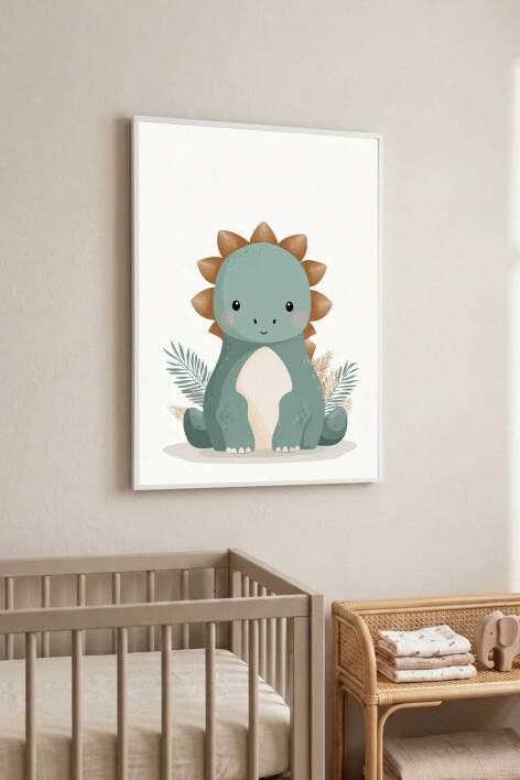 Sevimli Dinozor Çocuk Odası İllüstrasyon Çerçeveli Tablo Bebek Odası Duvar Dekoru - 8