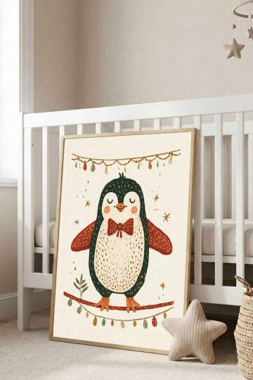 Sevimli Penguen İllüstrasyon Çerçeveli Tablo Çocuk ve Bebek Odası Dekorasyonu