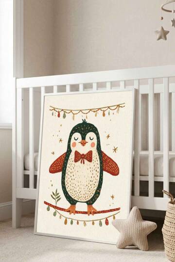 Sevimli Penguen İllüstrasyon Çerçeveli Tablo Çocuk ve Bebek Odası Dekorasyonu Beyaz