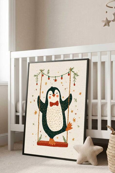 Sevimli Penguen İllüstrasyon Çocuk Odası Dekoratif Çerçeveli Tablo Bebek Odası Duvar Dekoru - 4
