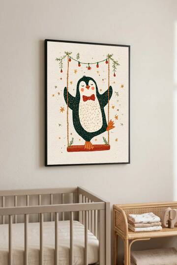 Sevimli Penguen İllüstrasyon Çocuk Odası Dekoratif Çerçeveli Tablo Bebek Odası Duvar Dekoru - 5