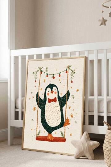 Sevimli Penguen İllüstrasyon Çocuk Odası Dekoratif Çerçeveli Tablo Bebek Odası Duvar Dekoru