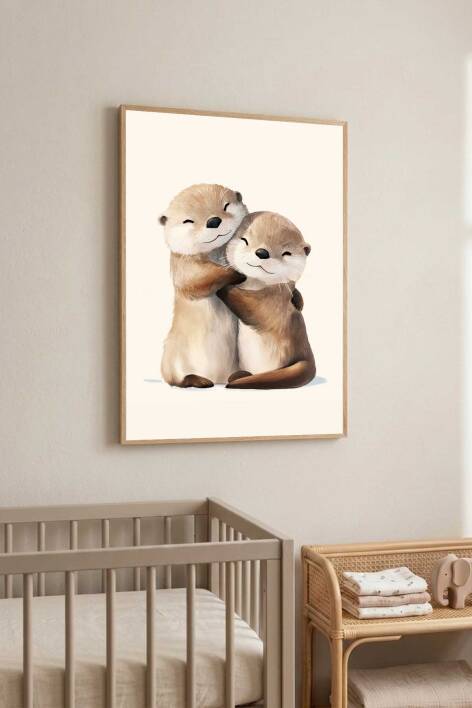 Sevimli Su Samuru Sarılan Hayvan Figürü Dekoratif Çerçeveli Tablo Bebek ve Çocuk Odası Duvar Dekoru - 2