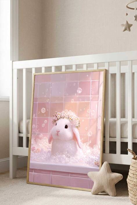 Sevimli Tavşan Banyosu Çocuk Odası Çerçeveli Tablo Bebek Odası Duvar Dekoru - 7