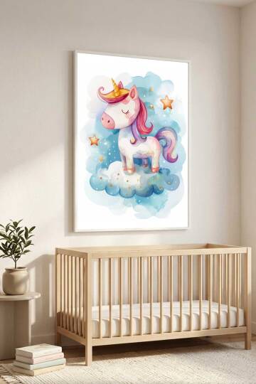 Sevimli Unicorn Tekboynuz İllüstrasyon Çerçeveli Tablo Bebek ve Çocuk Odası Dekorasyonu - 3