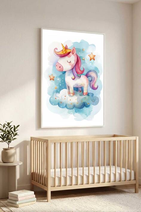 Sevimli Unicorn Tekboynuz İllüstrasyon Çerçeveli Tablo Bebek ve Çocuk Odası Dekorasyonu - 3