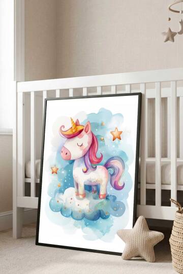 Sevimli Unicorn Tekboynuz İllüstrasyon Çerçeveli Tablo Bebek ve Çocuk Odası Dekorasyonu Siyah