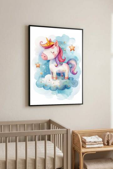 Sevimli Unicorn Tekboynuz İllüstrasyon Çerçeveli Tablo Bebek ve Çocuk Odası Dekorasyonu - 5