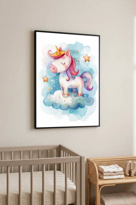 Sevimli Unicorn Tekboynuz İllüstrasyon Çerçeveli Tablo Bebek ve Çocuk Odası Dekorasyonu - 5