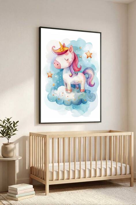 Sevimli Unicorn Tekboynuz İllüstrasyon Çerçeveli Tablo Bebek ve Çocuk Odası Dekorasyonu - 6