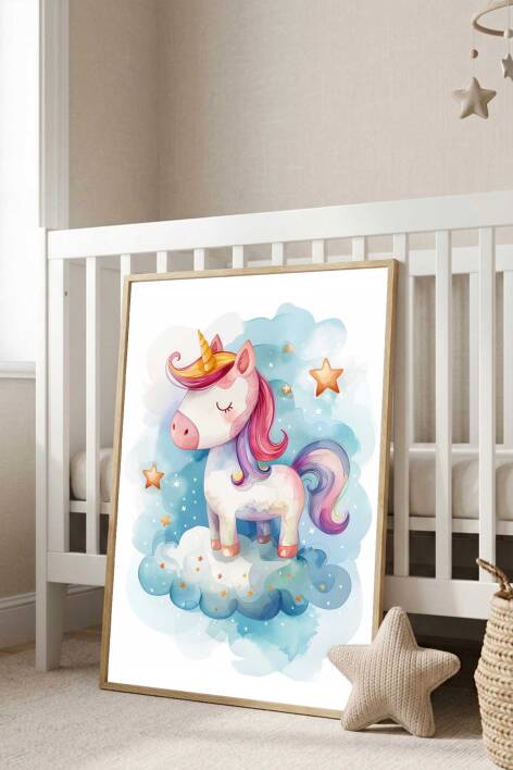 Sevimli Unicorn Tekboynuz İllüstrasyon Çerçeveli Tablo Bebek ve Çocuk Odası Dekorasyonu - 7