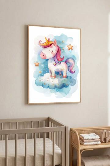 Sevimli Unicorn Tekboynuz İllüstrasyon Çerçeveli Tablo Bebek ve Çocuk Odası Dekorasyonu - 8
