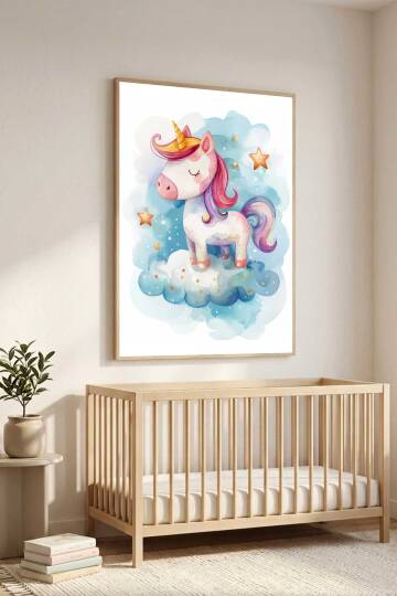 Sevimli Unicorn Tekboynuz İllüstrasyon Çerçeveli Tablo Bebek ve Çocuk Odası Dekorasyonu - 9