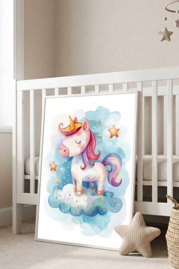 Sevimli Unicorn Tekboynuz İllüstrasyon Çerçeveli Tablo Bebek ve Çocuk Odası Dekorasyonu