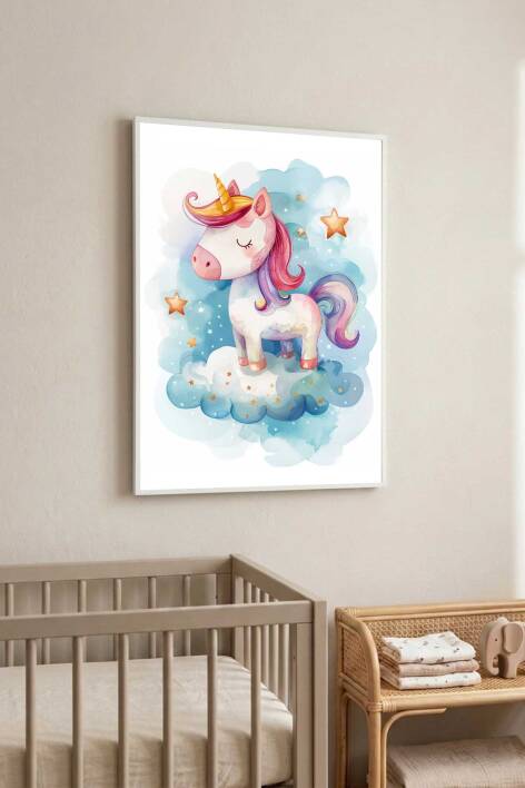 Sevimli Unicorn Tekboynuz İllüstrasyon Çerçeveli Tablo Bebek ve Çocuk Odası Dekorasyonu - 2