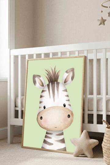 Sevimli Zebra Figürlü Çocuk Odası Çerçeveli Tablo Bebek Odası Duvar Dekoru Doğal Ahşap