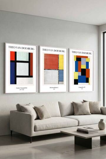 Theo Van Doesburg Modern Bauhaus Geometrik 3'lü Set Ünlü Sanat Eserleri Serisi Çerçeveli Tablo Salon ve Ofis Dekorasyonu - 8