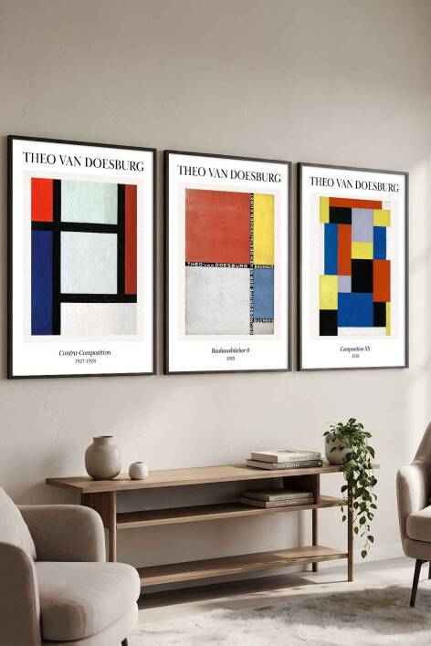 Theo Van Doesburg Modern Bauhaus Geometrik 3'lü Set Ünlü Sanat Eserleri Serisi Çerçeveli Tablo Salon ve Ofis Dekorasyonu - 2