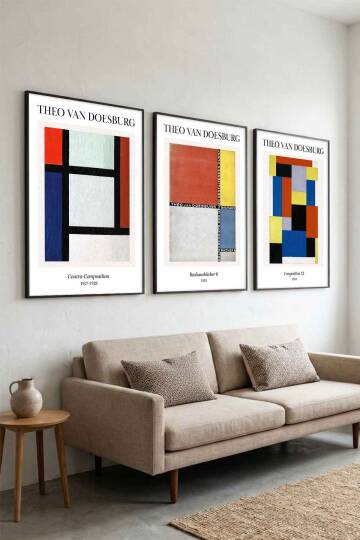 Theo Van Doesburg Modern Bauhaus Geometrik 3'lü Set Ünlü Sanat Eserleri Serisi Çerçeveli Tablo Salon ve Ofis Dekorasyonu - 3