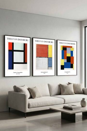 Theo Van Doesburg Modern Bauhaus Geometrik 3'lü Set Ünlü Sanat Eserleri Serisi Çerçeveli Tablo Salon ve Ofis Dekorasyonu - 1