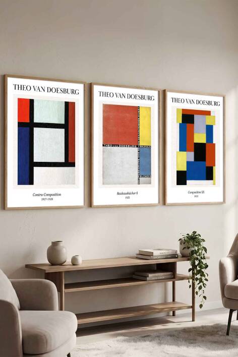 Theo Van Doesburg Modern Bauhaus Geometrik 3'lü Set Ünlü Sanat Eserleri Serisi Çerçeveli Tablo Salon ve Ofis Dekorasyonu - 4
