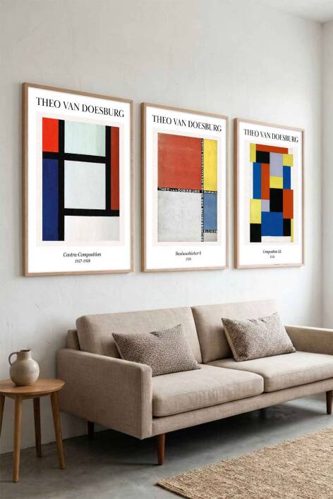Theo Van Doesburg Modern Bauhaus Geometrik 3'lü Set Ünlü Sanat Eserleri Serisi Çerçeveli Tablo Salon ve Ofis Dekorasyonu - 5